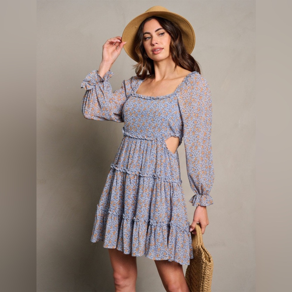 Vestique Floral Long Sleeve Dress in Blue and Orange